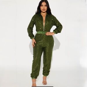 Fashion Nova Only Your Sparkle Sequin Jumpsuit Olive Green Womens Size Large NWT
